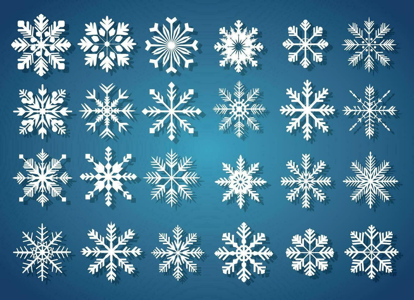 Big set of white snowflakes on a blue gradient background for winter design. Christmas and New Year elements concept. Vector snowflakes. Snowflakes in flat style. Holiday wallpaper.