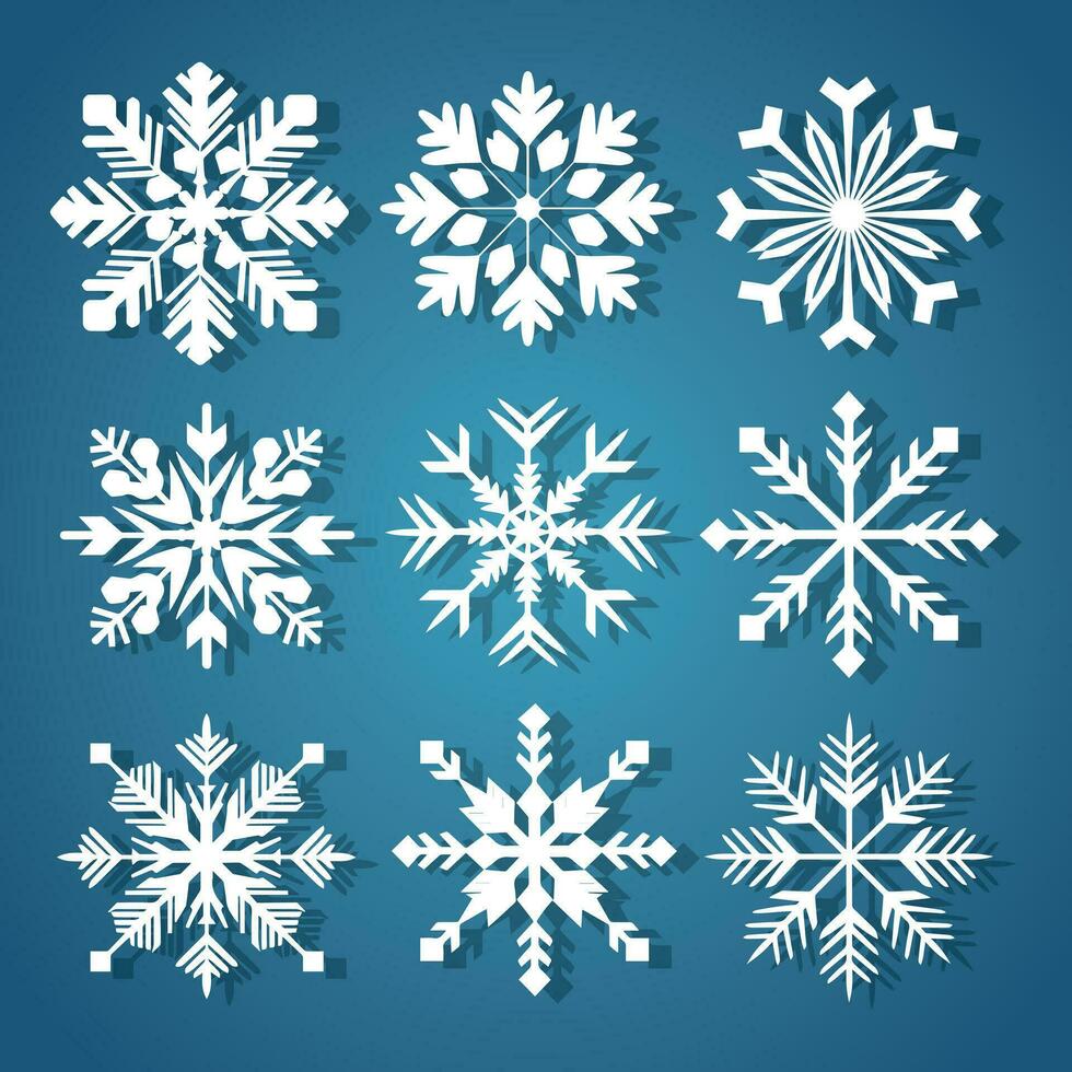 Set of white snowflakes on a blue gradient background for winter design. Christmas and New Year elements concept. Vector snowflakes. Snowflakes flat style. Holiday wallpaper