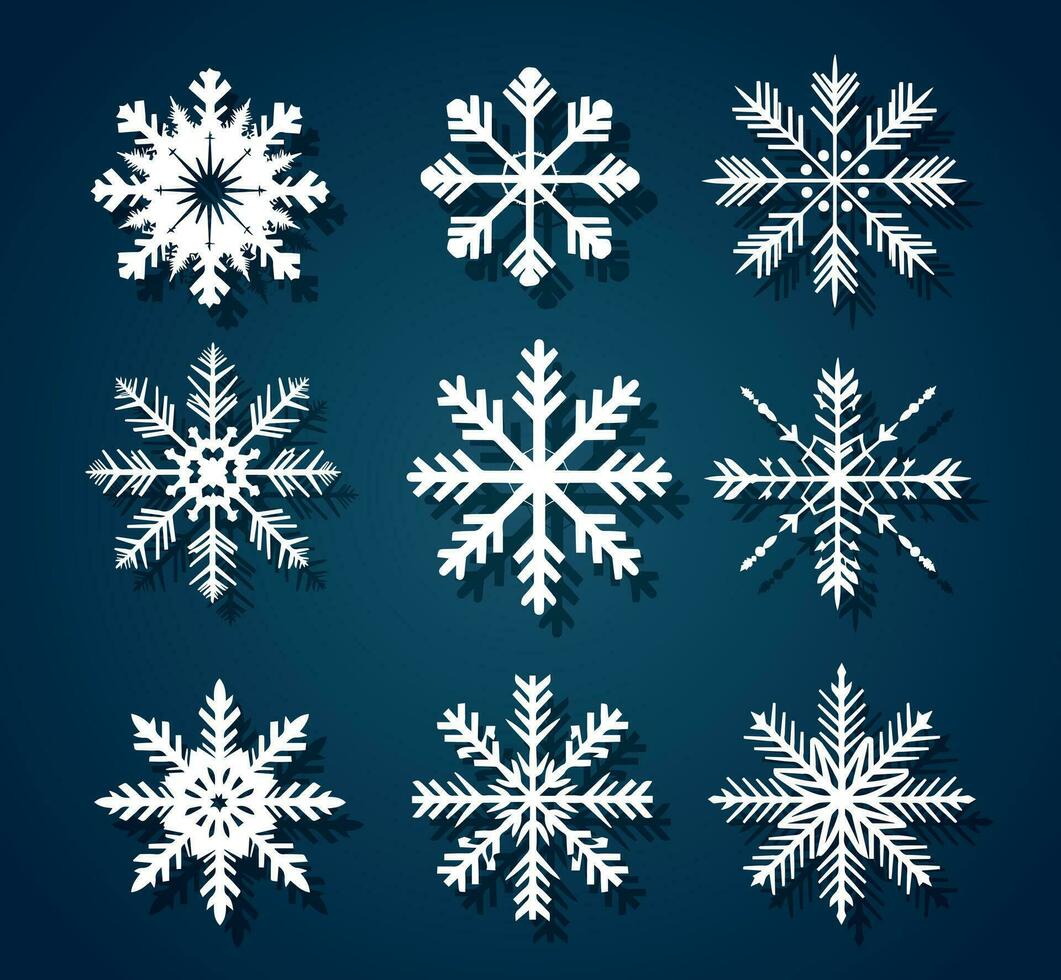 blanco copos de nieve en un azul antecedentes para invierno diseño. Navidad y nuevo año elementos concepto. vector copos de nieve. copos de nieve en plano estilo. fiesta fondo de pantalla