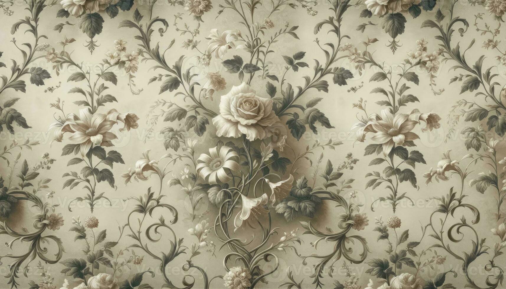 An elegant design featuring intricate floral patterns with vines intertwined with roses, lilies, and daisies, reminiscent of Victorian-era aesthetics. AI Generated photo