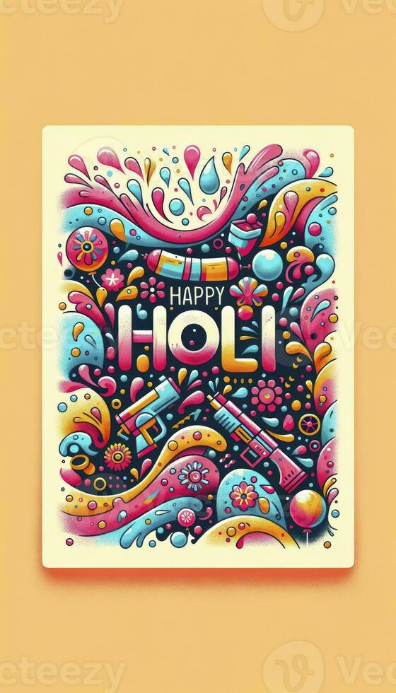Poster with abstract waves of Holi colors, playful motifs, and the words Happy Holi at the center. AI Generative photo