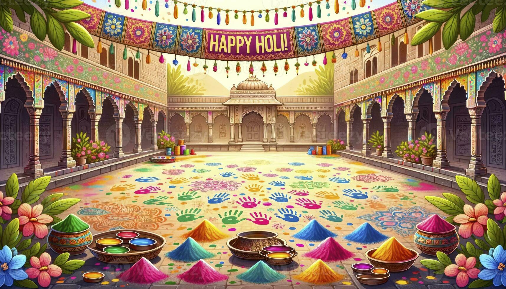 Holi festival showcases a courtyard filled with colorful handprints. AI Generative photo