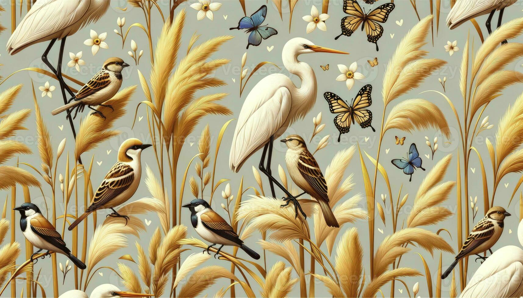 Featuring elegant egrets, delicate butterflies, and sparrows perched on dry golden Pampas grass, capturing the essence of nature in harmonious balance. AI Generated photo