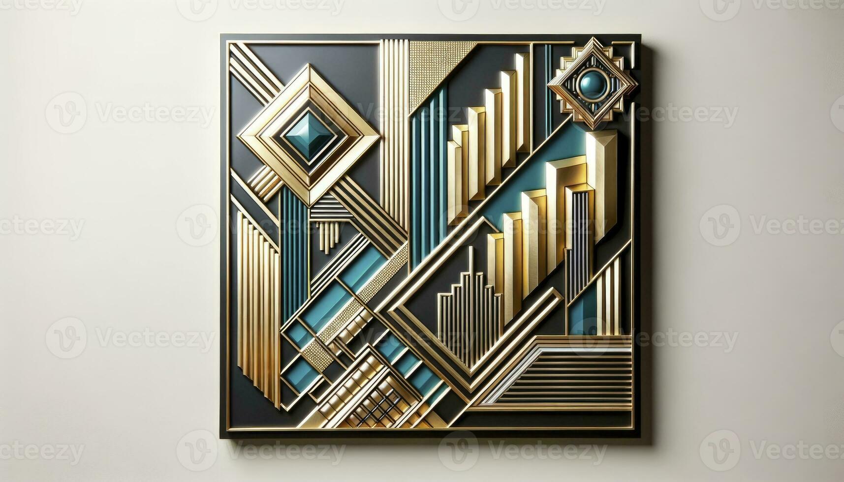 Art Deco wall art piece, characterized by bold geometric shapes, metallic finishes, and colors like black, gold, and teal. The design includes stepped forms and angular patterns. AI Generated photo