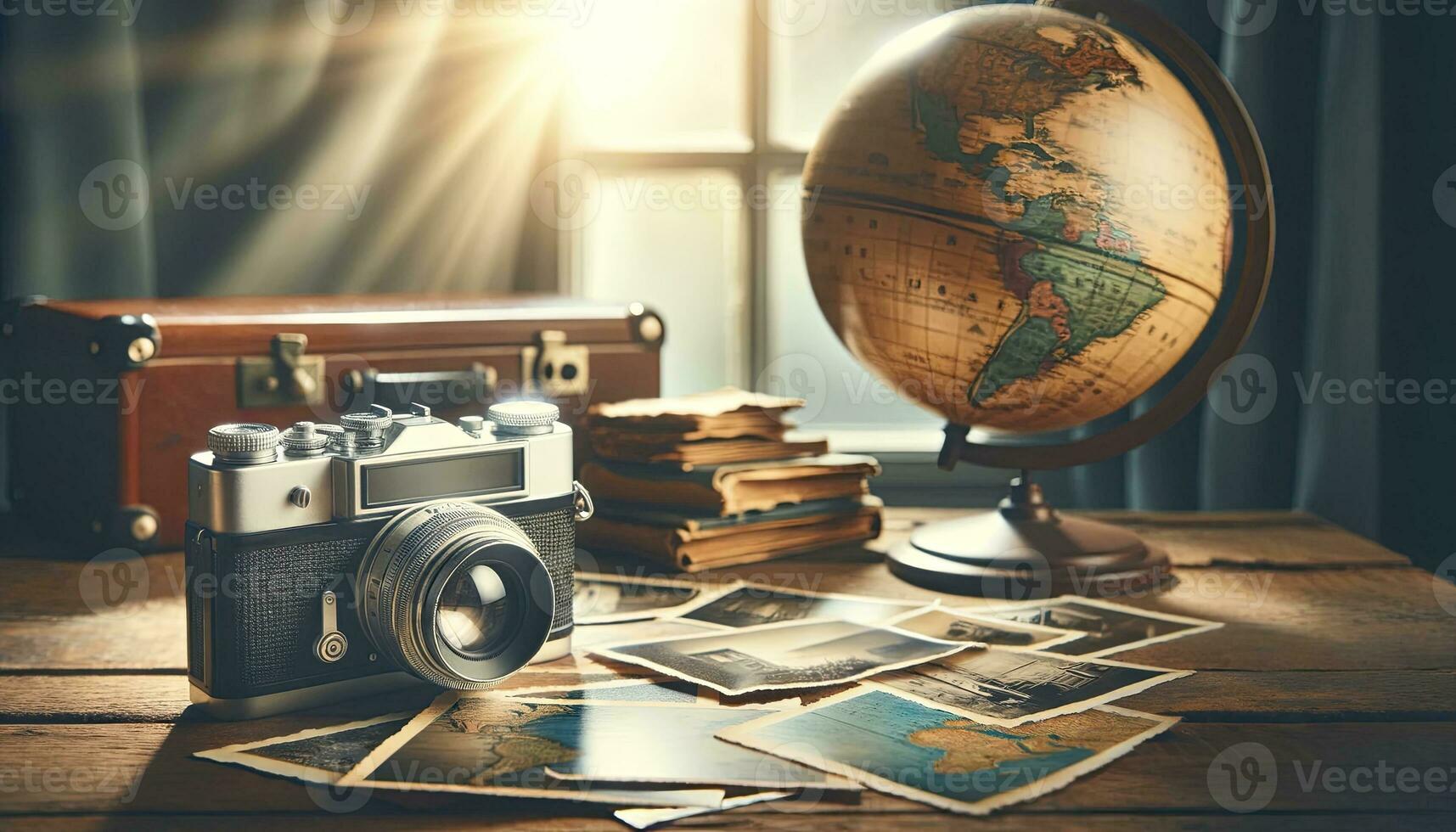 A vintage camera setup with a globe and old photographs. AI Generative photo