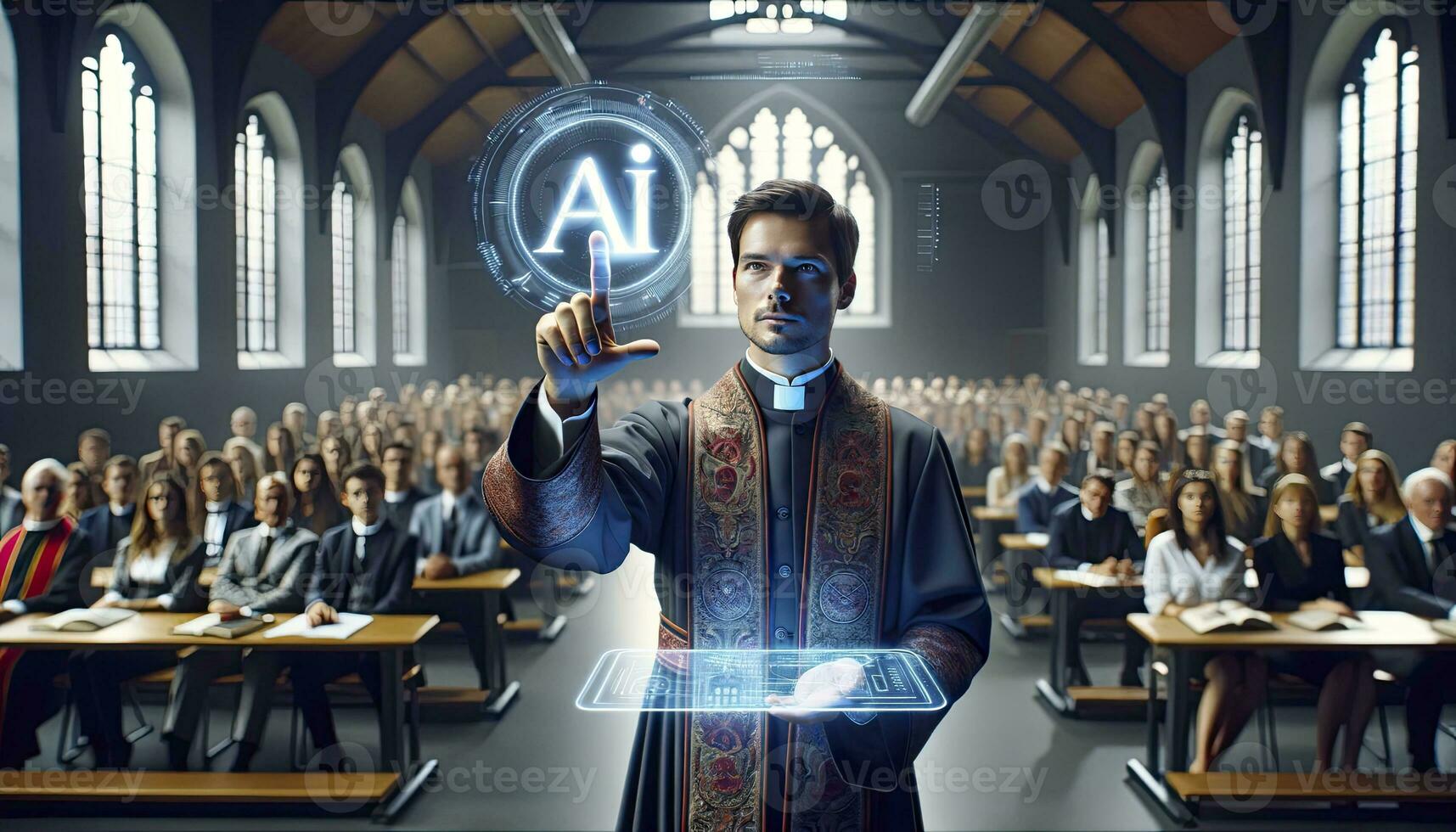 Parson teaches with a digital glass tablet, which displays 'AI' upon being touched by one finger. AI Generative photo