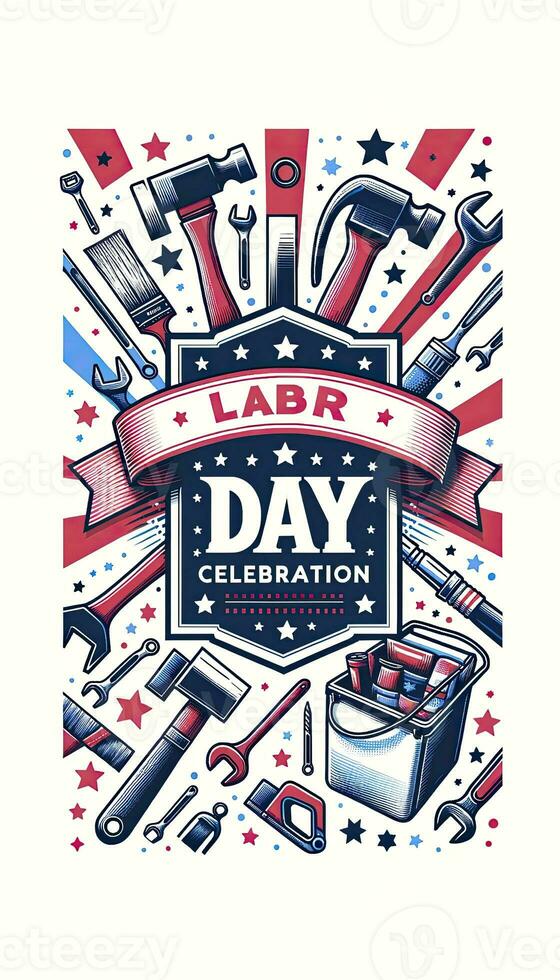 Design with a central ribbon banner reading Labor Day Celebration surrounded by various tools. AI Generative photo