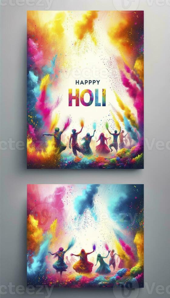 Poster showcasing vibrant splashes of Holi colors in the air with space at the bottom for textual content. AI Generative photo