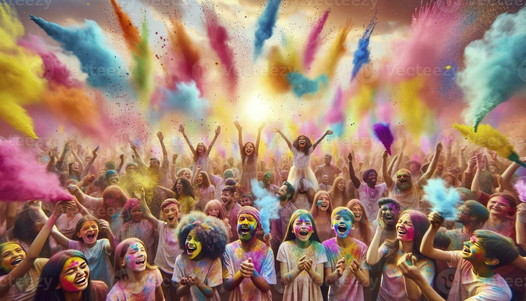 capturar el esencia de el holi celebracion con diverso grupos de personas participativo. ai generativo foto