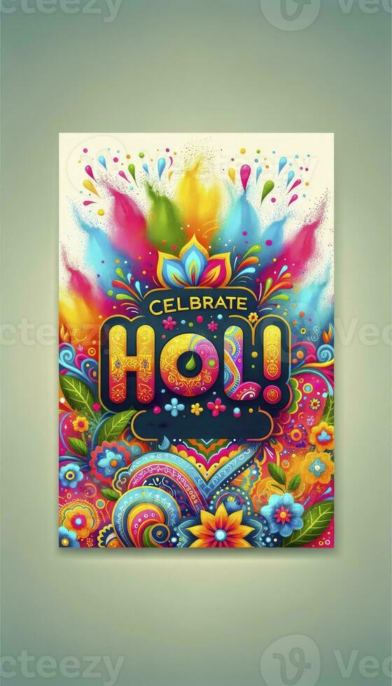 Holi poster with a vibrant background of blue, pink, yellow, and green powders. AI Generative photo