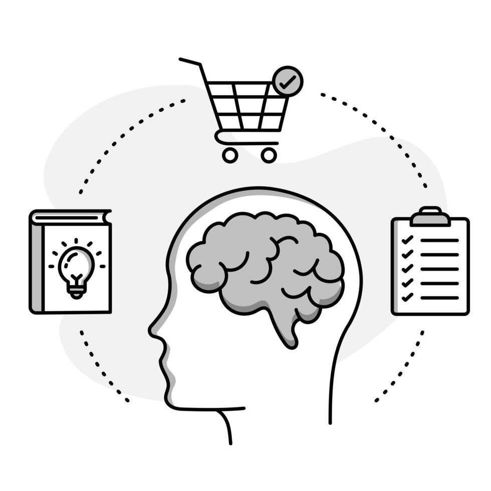 Educated Shopper Icon. An icon of a person with a brain and three icons around them. book with bulb, shopping trolley, and clipboard, to represent an educated shopper. vector