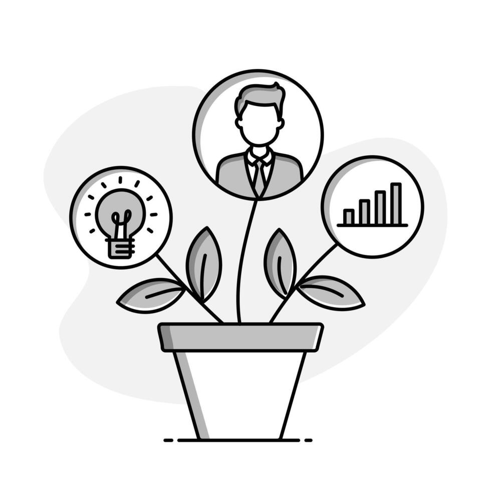 Business Growth Icon. A plant icon with three branches and three icons. Bar chart, person, and light bulb, to represent business growth, development, and success. vector