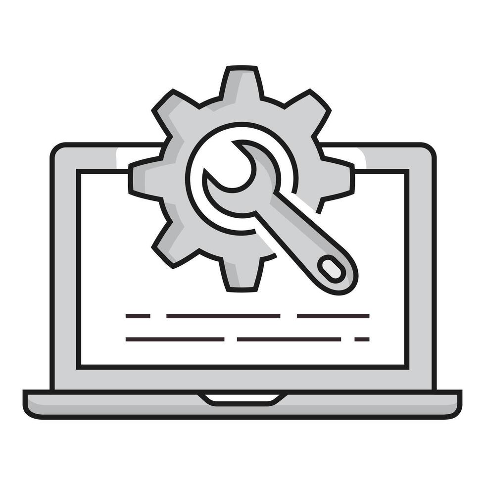 A website page icon with a cog and wrench, representing website maintenance, website development, website construction, website repair, and website improvement. vector