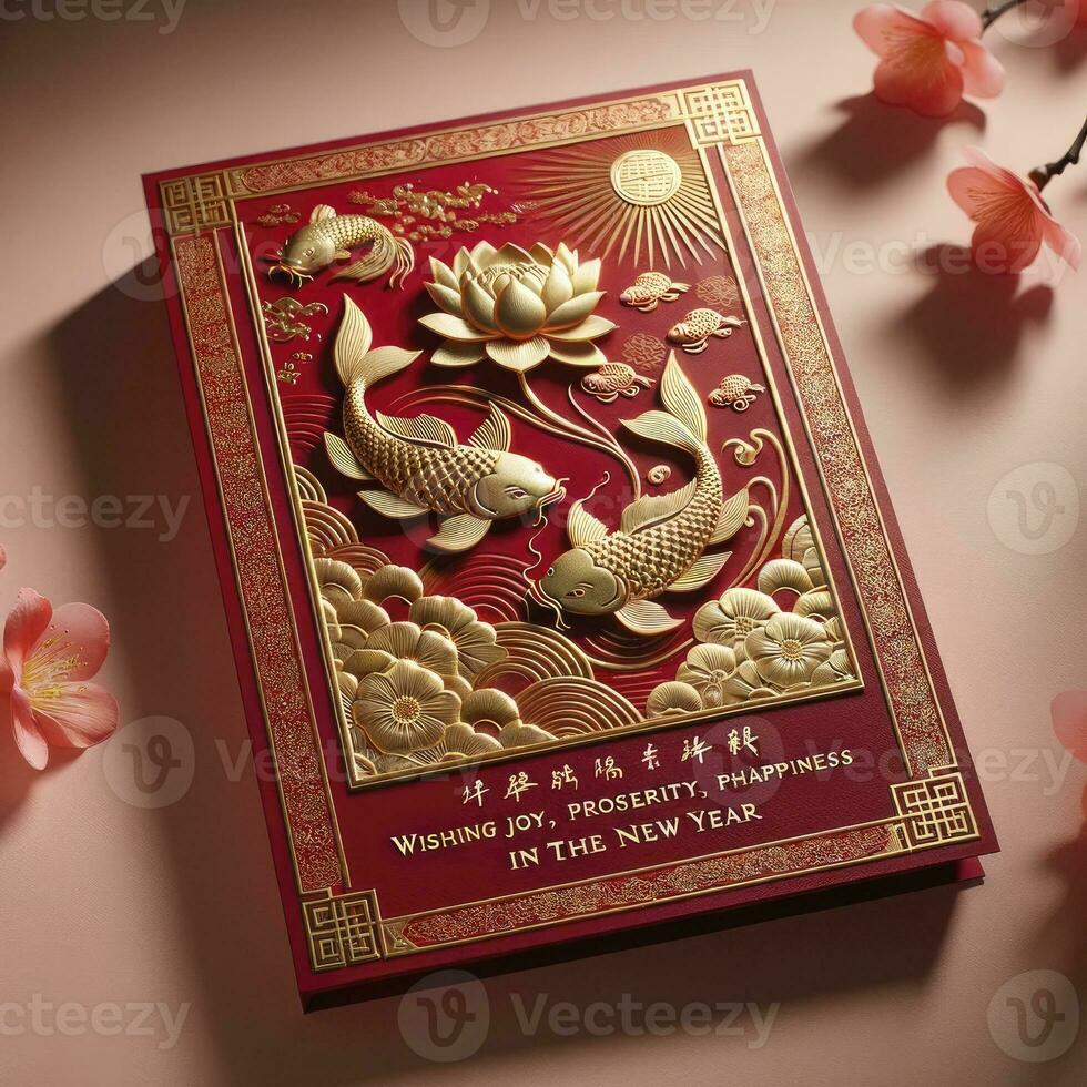 A style greeting card with koi fish, a lotus flower, and festive wishes. AI Generative photo