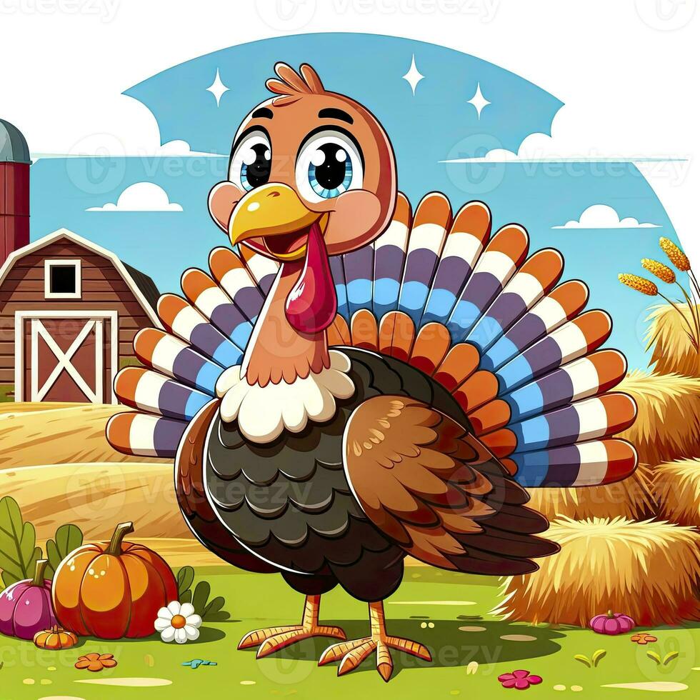 un dibujos animados Turquía con vistoso plumas en un juguetón estilo, conjunto en contra un granja antecedentes con pajar y un granero. ai generado foto