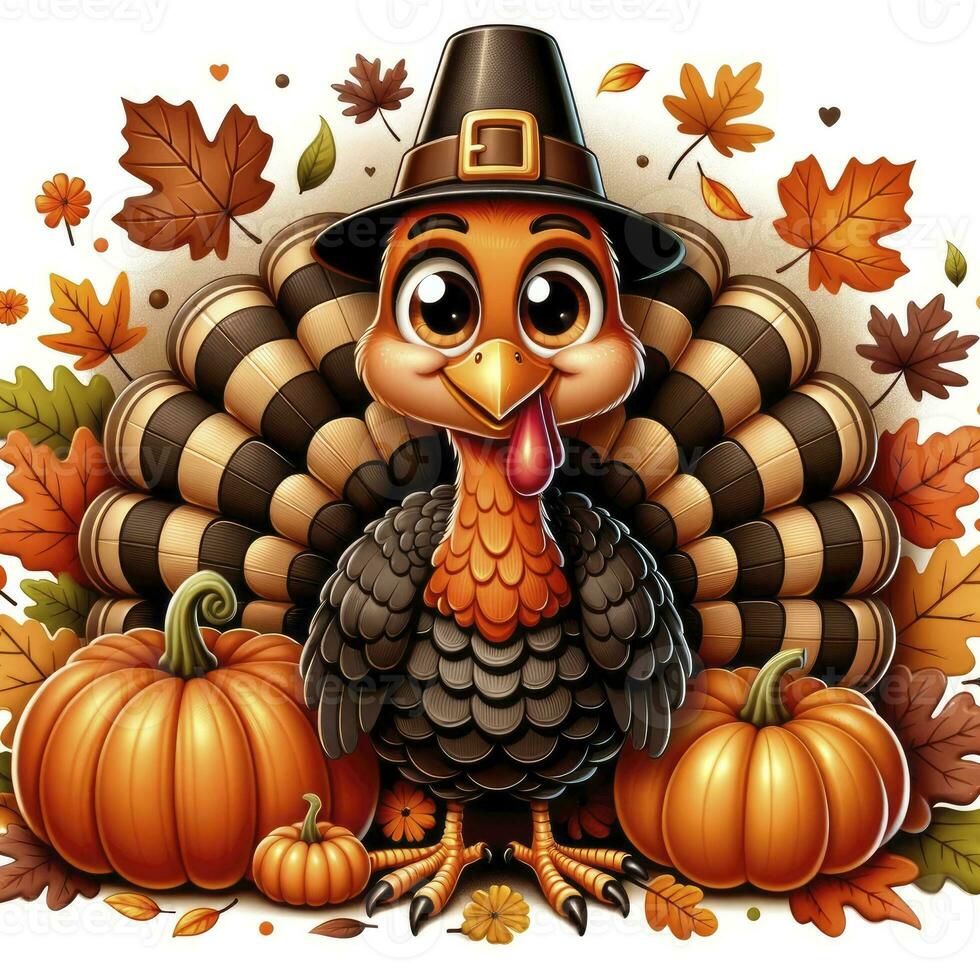 A whimsical turkey surrounded by autumn leaves and pumpkins, in a caricatured style with warm fall colors. AI Generated photo