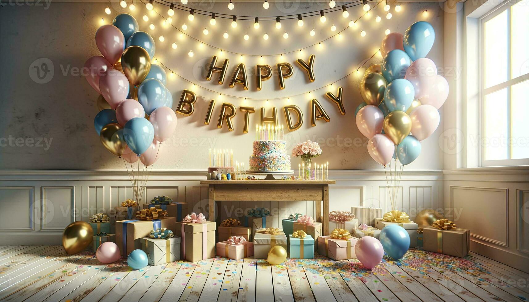 A festive birthday scene is set in a brightly lit room with decorations, a cake, balloons, and gifts. AI Generative photo