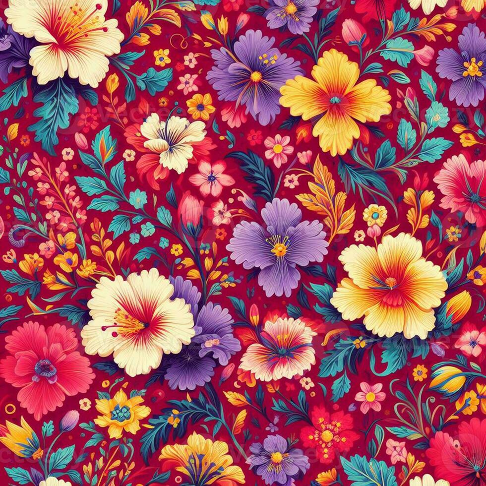 beautiful spring floral seamless patterns with flowers leaves purple and pink on white background. Hand draw photo