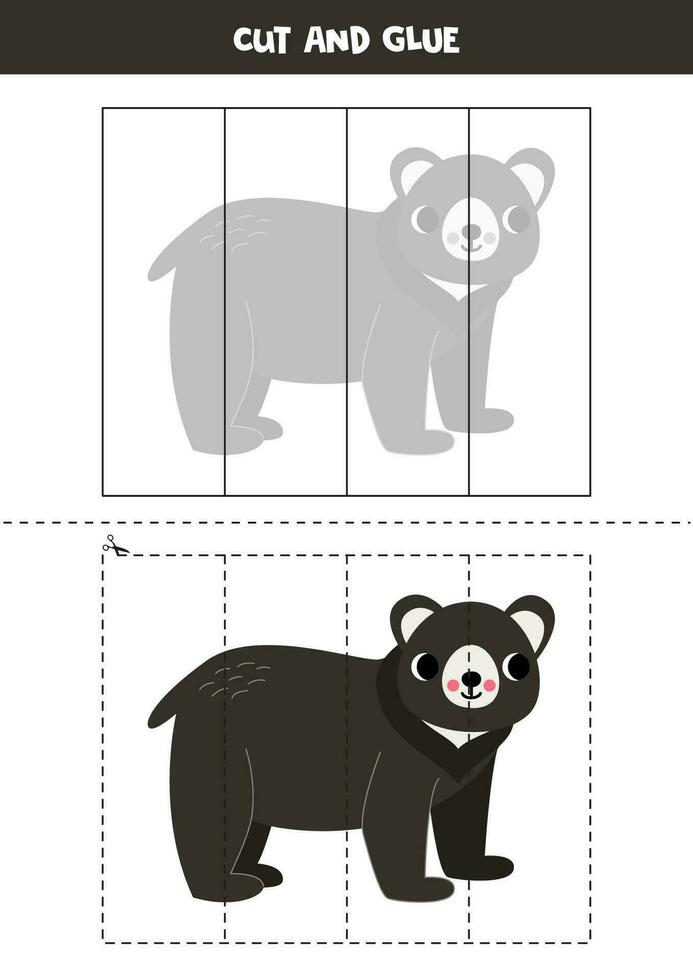 Cut and glue game for kids. Cute cartoon black bear. vector