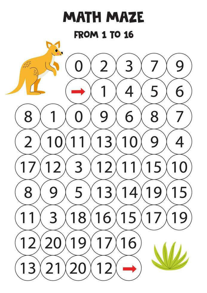 Get cute kangaroo to the shrub by counting to 16. vector