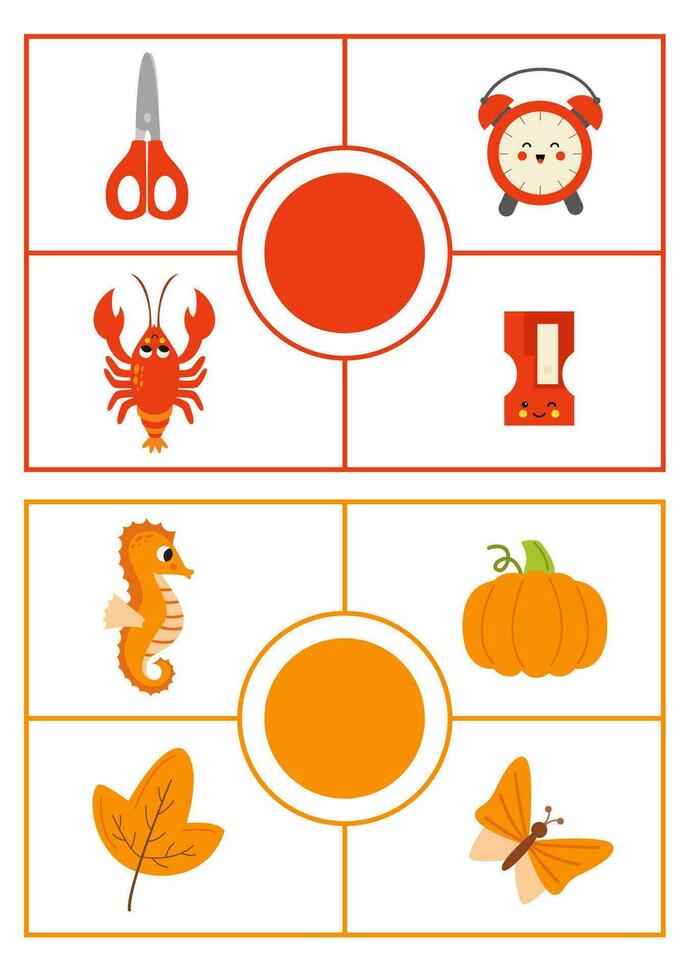 Learning colors worksheet for kids. Red and orange color flashcard. vector