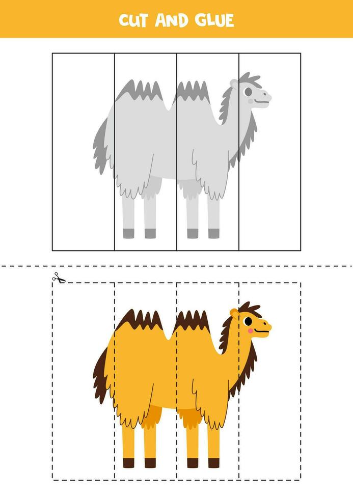 Cut and glue game for kids. Cute cartoon bactrian camel. vector