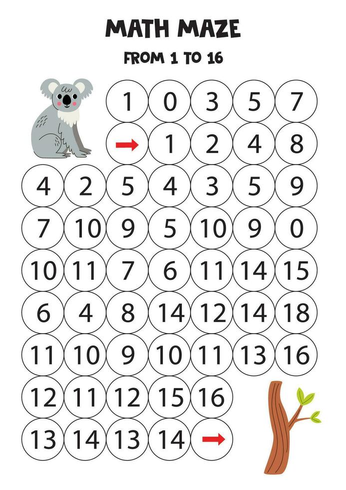 Get cute koala to the eucalyptus tree by counting to 16. vector