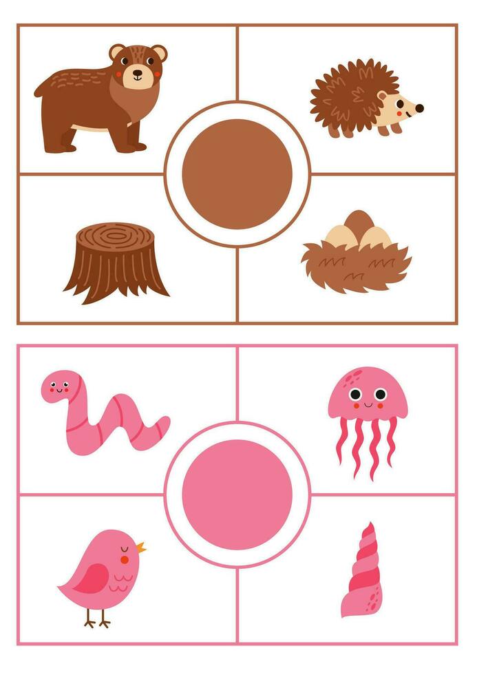 Learning colors worksheet for kids. Pink and brown color flashcard. vector