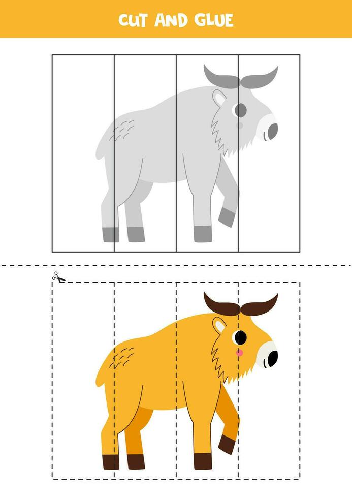 Cut and glue game for kids. Cute cartoon golden takin. vector