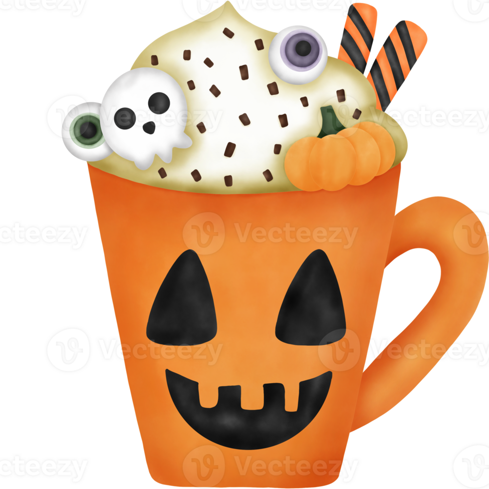 Watercolor Halloween Drink with Skull Candy, Eye Ball Jelly, Pumpkin, Candy, Sugar Flakes and Whipped Cream. png