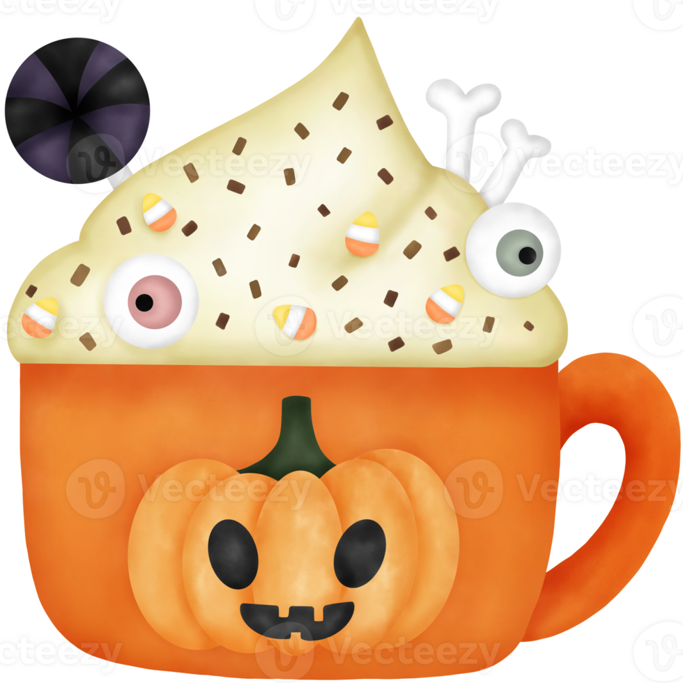 Watercolor Halloween Drink with Eye Ball Jelly, Candy, Bone Jelly, Sugar Flakes and Whipped Cream. png
