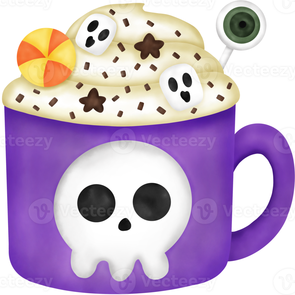 Watercolor Halloween Drink with Eye Ball Candy, Candy, Sugar Flakes, Ghost Marshmallow and Whipped Cream. png