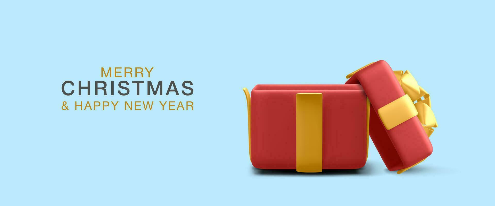 3d realistic christmas empty open gift box template in cartoon style on blue background. Sale banner, surprise poster, flyer and brochure for celebrate birthday, wedding, anniversary vector