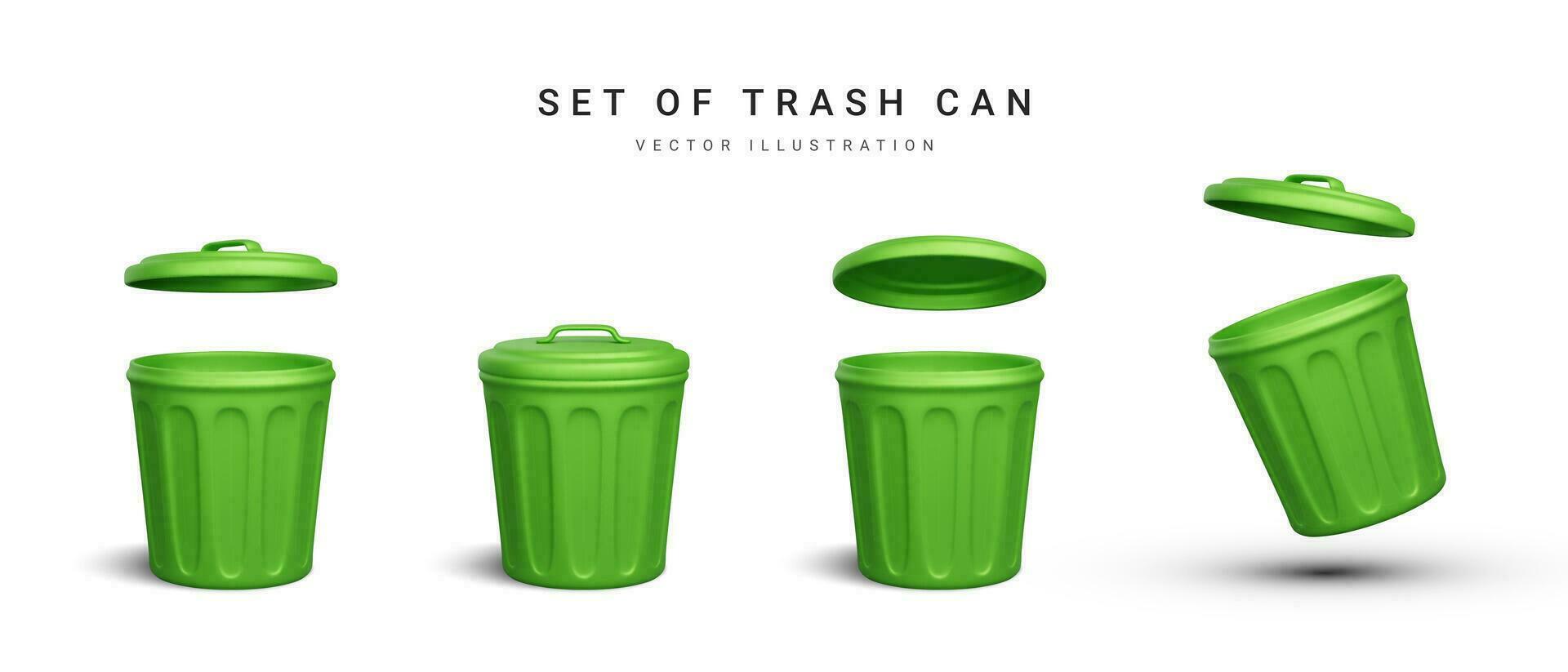 Set of 3d realistic green trash can on white background. Vector illustration