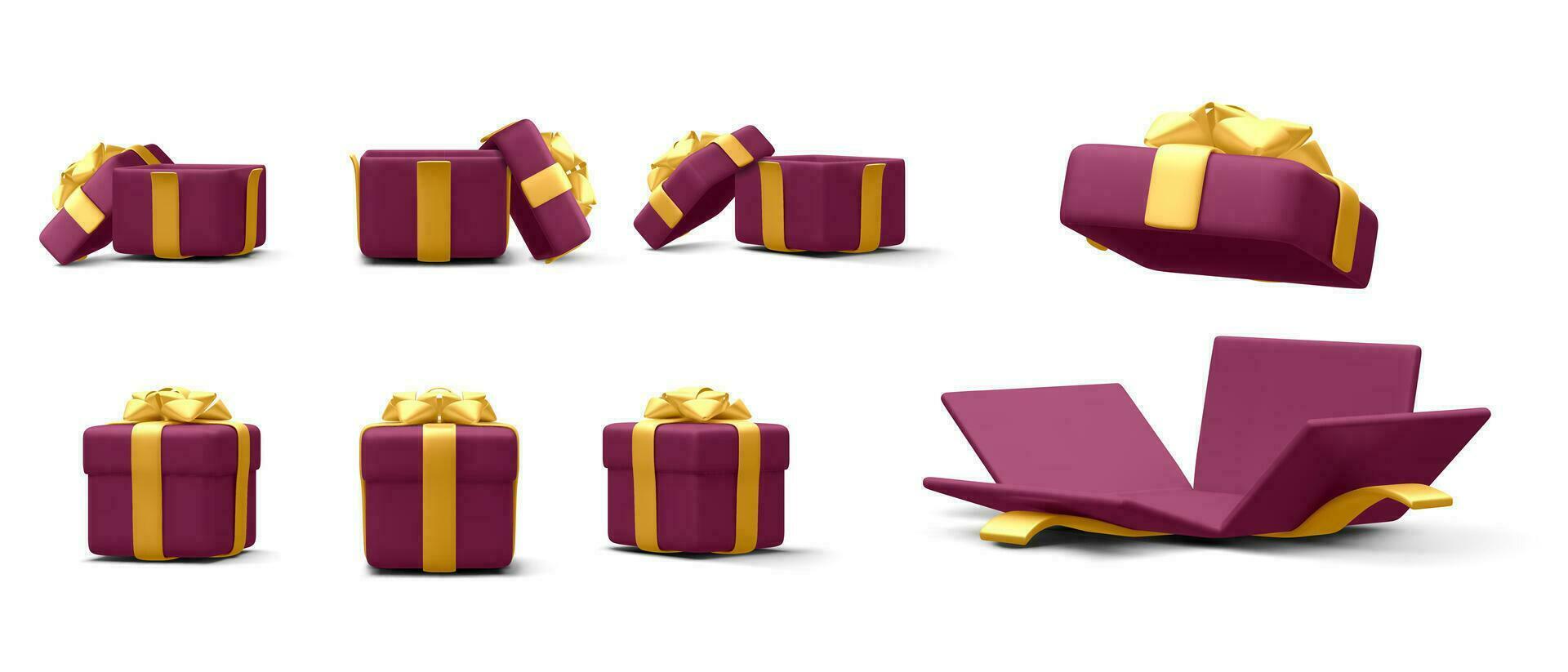 Set of 3d realistic gift boxes with gold ribbon isolated on white background. Surprise boxes. Vector illustration