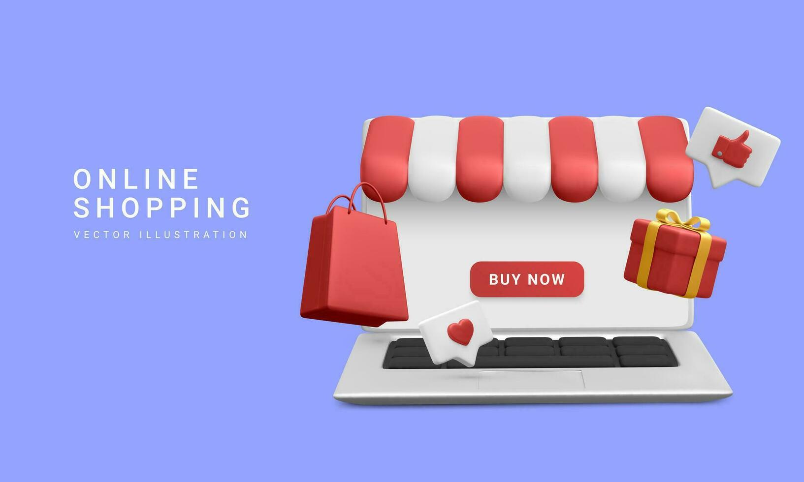 3d realistic laptop, shopping bag and gift box in cartoon style on white background. Online shopping design. Concept of quick and easy search and purchase of products. Vector illustration