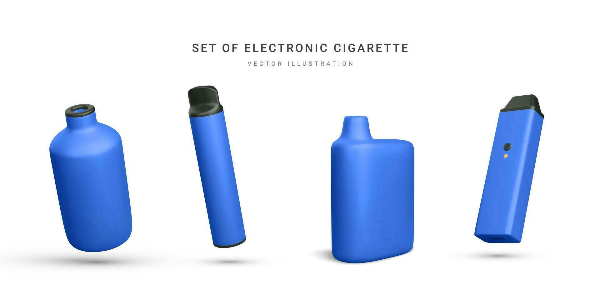 conjunto de 3d realista desechable electrónico cigarrillo aislado en blanco antecedentes. moderno de fumar, vaping y nicotina con diferente sabores vector ilustración