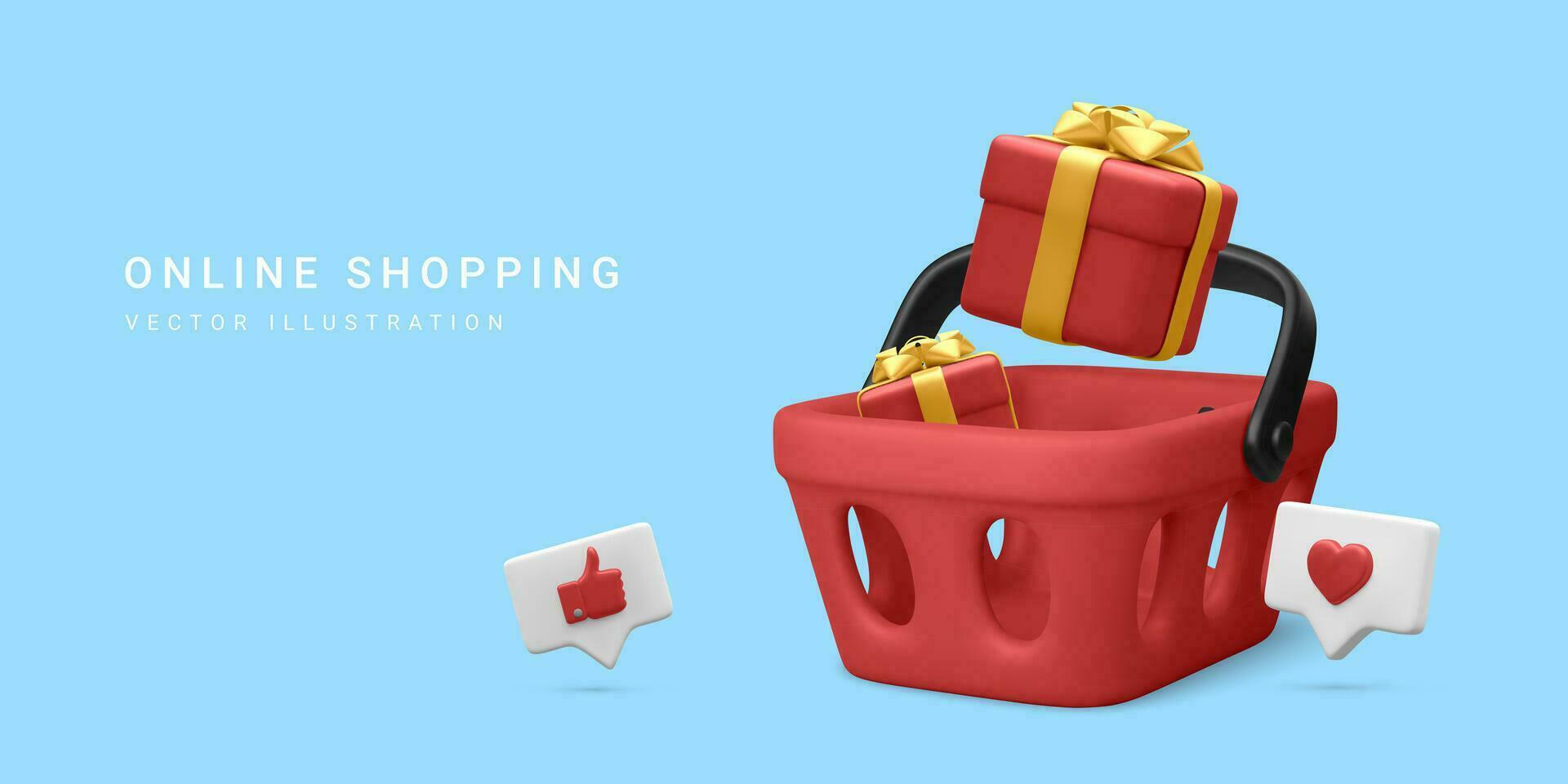 3d realistic banner with shopping basket and gift box in cartoon style on blue background. Poster or web page for online shopping. Vector illustration