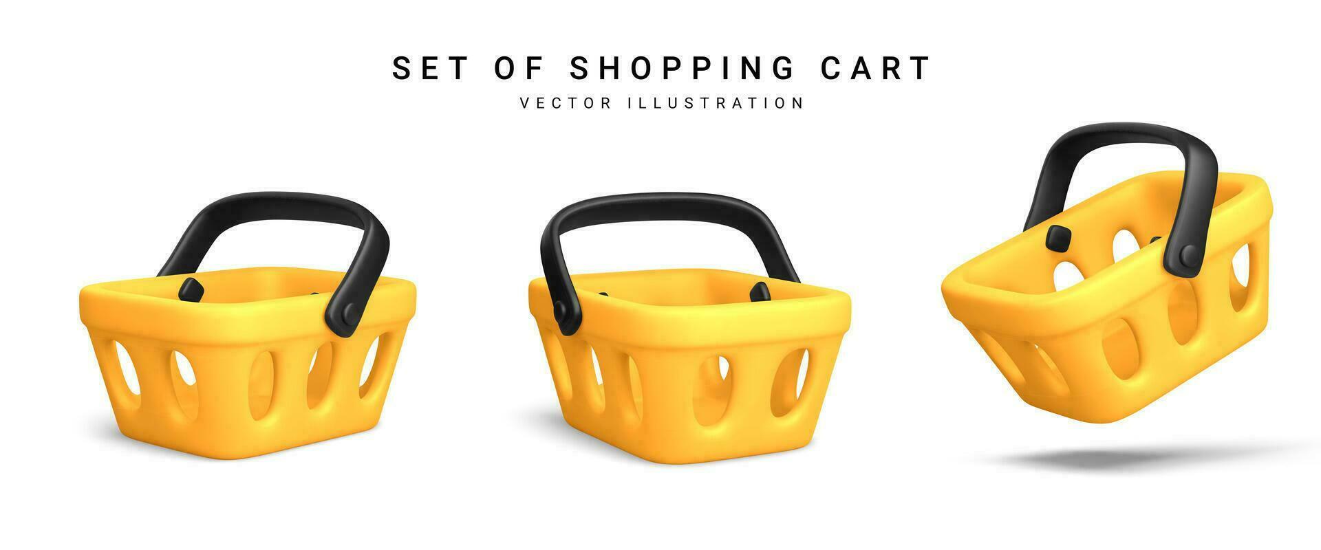 conjunto de 3d realista amarillo el plastico compras carro aislado en blanco antecedentes. vector ilustración