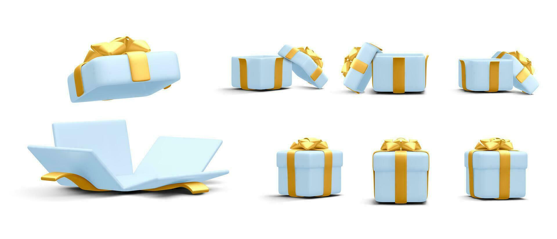 Set of 3d realistic gift boxes with gold ribbon isolated on white background. Surprise boxes. Vector illustration