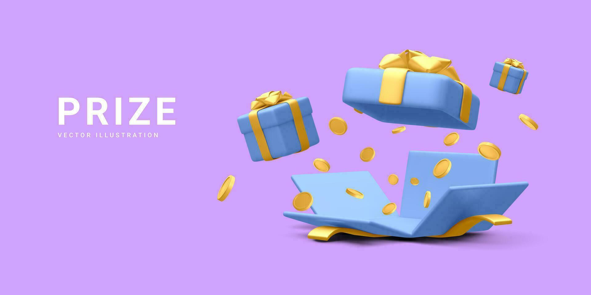 3d realistic open gift box and falling gold coins.  Concept for cryptocurrency bonus. You win prize. Vector illustration