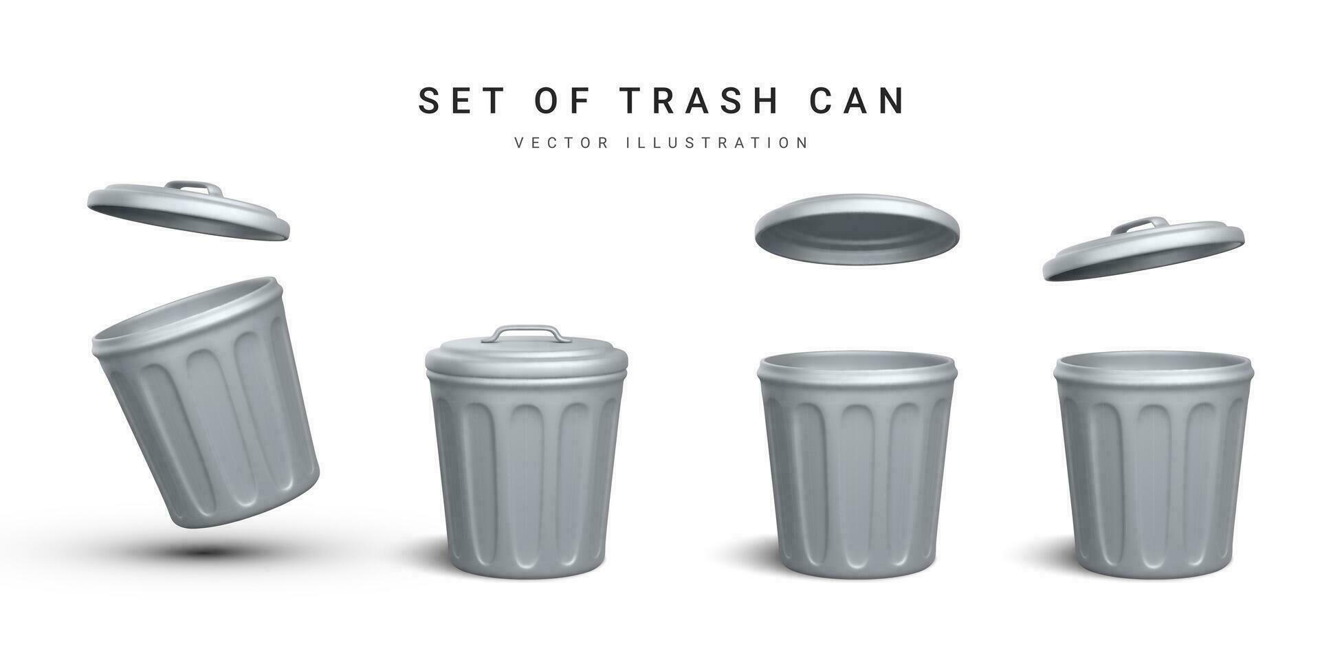 Set of 3d realistic silver trash can on white background. Vector illustration