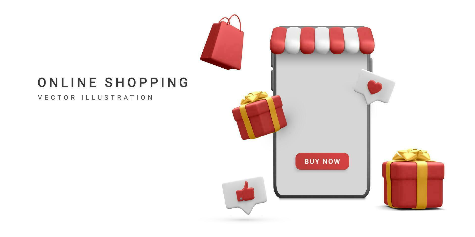 3d realistic store in smartphone with shopping bag and gift box in cartoon style on white background. Poster or web page for online shopping. Vector illustration