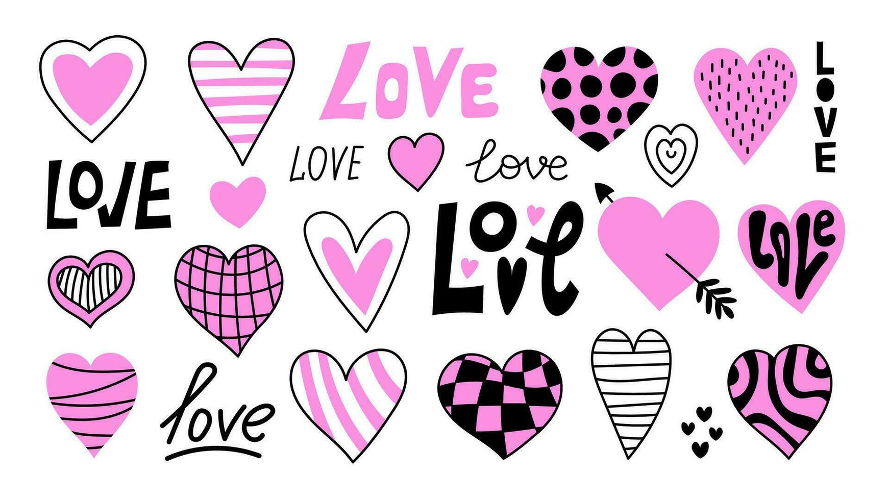Modern hearts doodle set vector