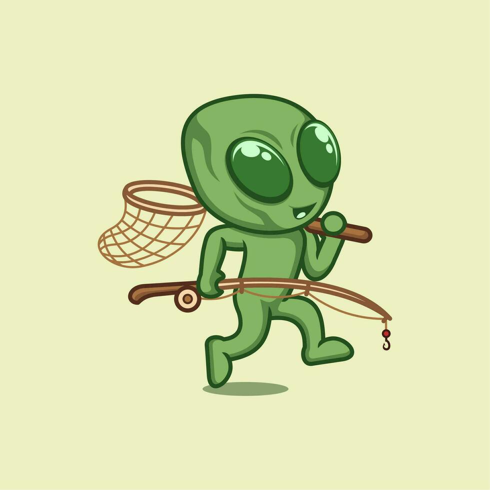 cute cartoon alien is fishing vector