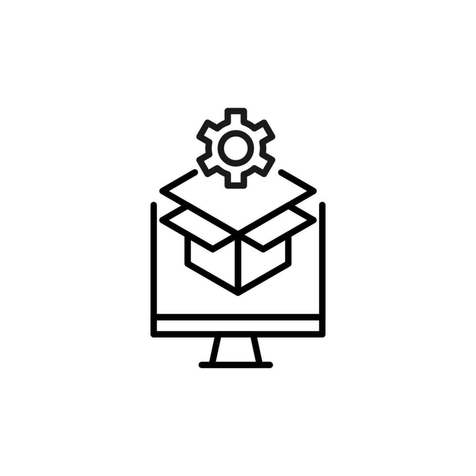 Gear by Open Box on Computer Monitor Isolated Line Icon. Perfect for web sites, apps, UI, internet, shops, stores. Simple image drawn with black thin line vector