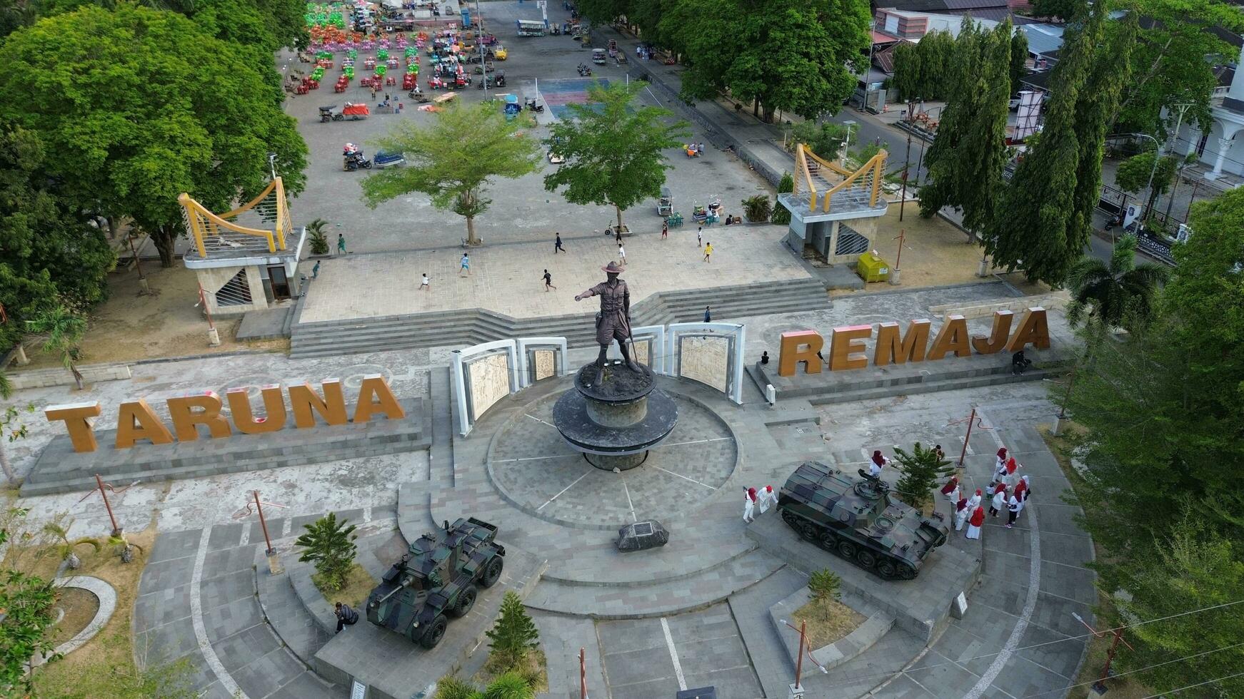 Gorontalo, Indonesia - September 07, 2023 - Aerial view of Nani Wartabone Monument at Taruna Remaja Square photo