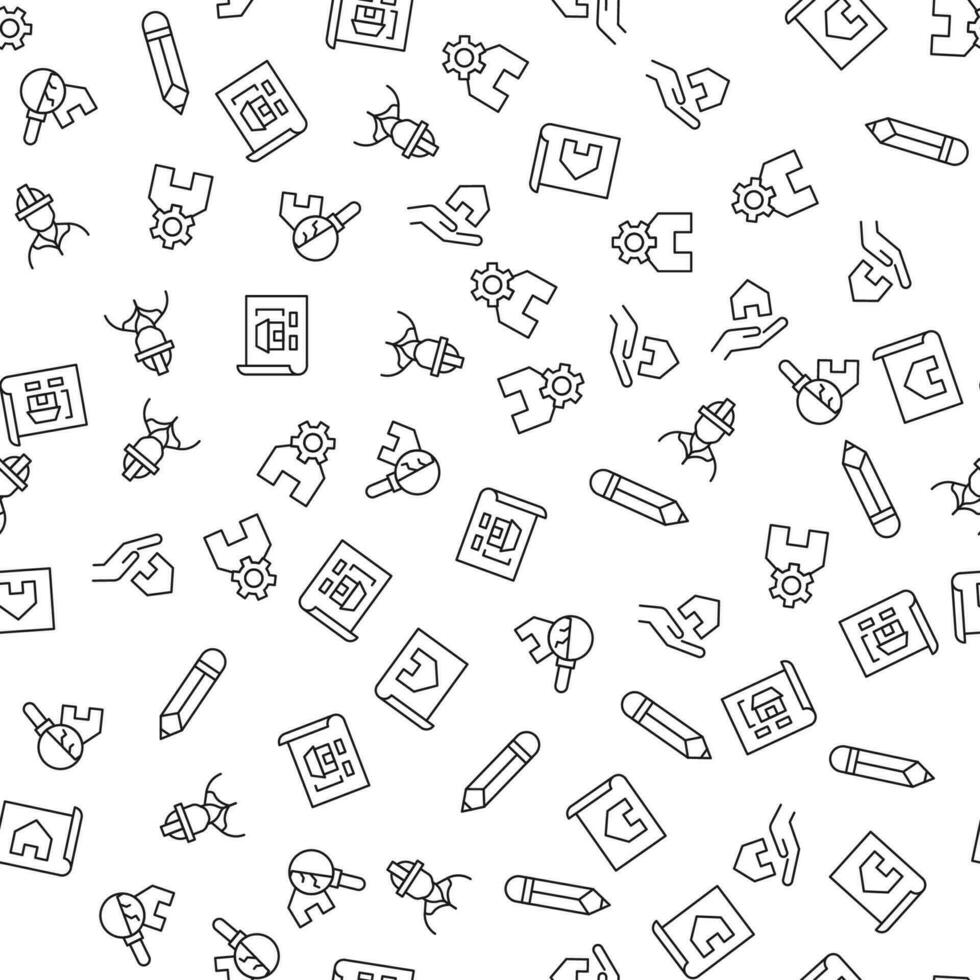 Pencil, Gear over House, Builder, Magnifying glass by House Seamless vector pattern made of line icons. Suitable for web wrapping, printing, web sites, apps