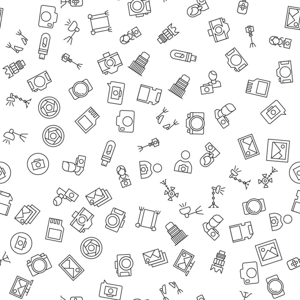 Camera, Photographer, Lens, Flash Card Seamless Pattern for printing, wrapping, design, sites, shops, apps vector