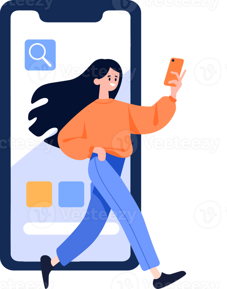 Hand Drawn Female character talking with smartphone in online communication concept in flat style png